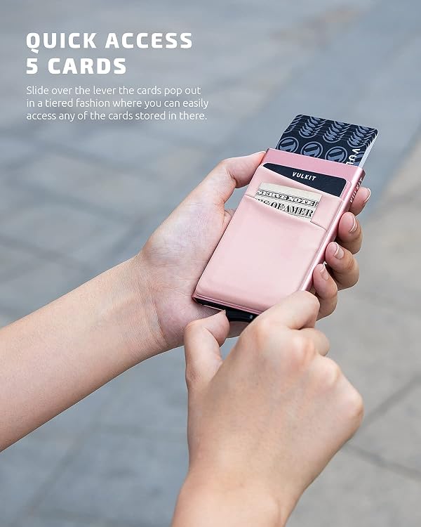 VULKIT Card Holder with Money Pocket Pop Up Wallet RFID Blocking Slim Metal Bank Card Case Holds 5 Cards and Notes (Rose Gold) by VULKIT - Used condition - Image 2
