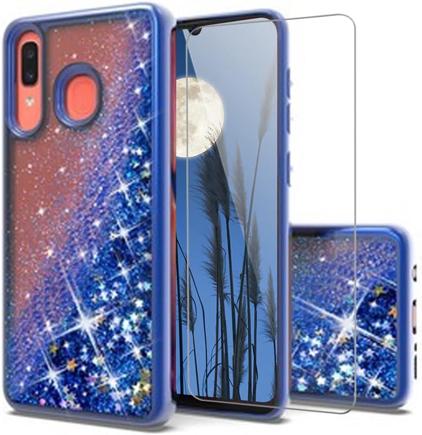 TJS Compatible with Samsung Galaxy A20 Case, Galaxy A30 Case, Galaxy A50 Case, with Tempered Glass Screen Protector Bling Glitter Sparkle Liquid Infused Stars Moving Quicksand Phone Case (Blue)