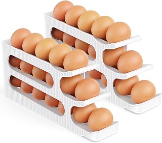 Egg Holder for Fridge, 3 Tiers Auto Rolling Egg Storage Organizer for Refrigerator, Slim Space Saving Container, Dispenser - Egg Roller for Eggs 36 Count