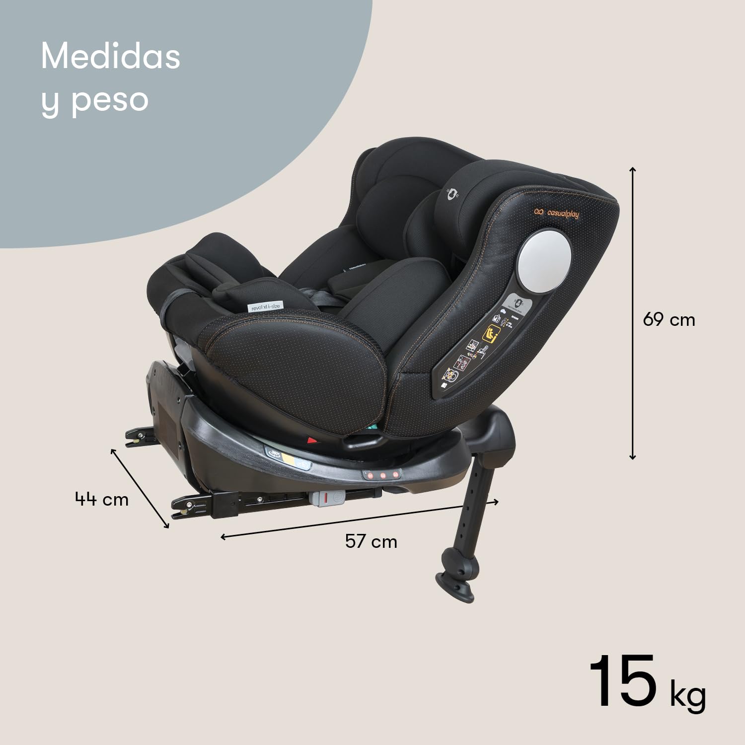 Casualplay Siège auto Revol XL Isize pivotant avec isofix et pied d'appui, groupe 0 1 2 3 de 0 à 12 ans ou de 40 à 150 cm de hauteur et dispositif de protection latérale SPS, noir