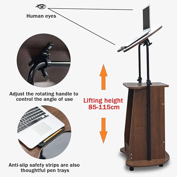 Height Adjustable Mobile Laptop Lectern Stand, Portable Church Podium with Tilting Desktop & Storage, Ergonomic Rolling Pulpit for Presentations, White