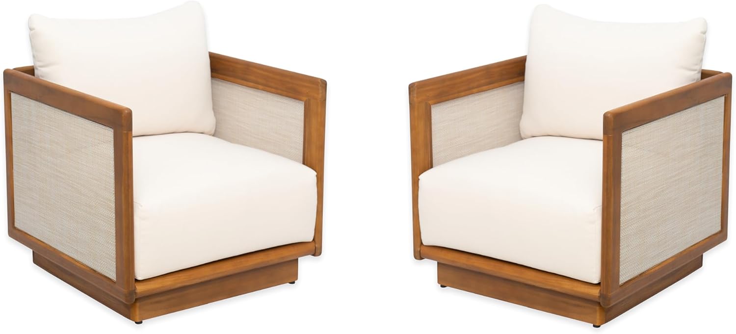 Christopher Knight Home Paola Set of 2 Acacia Wood Lounge Chair Outdoor with Cushion, Wooden Comfy Patio Chair, Deep Seating Accent Chair for Patio Furniture Set, Teak+Beige