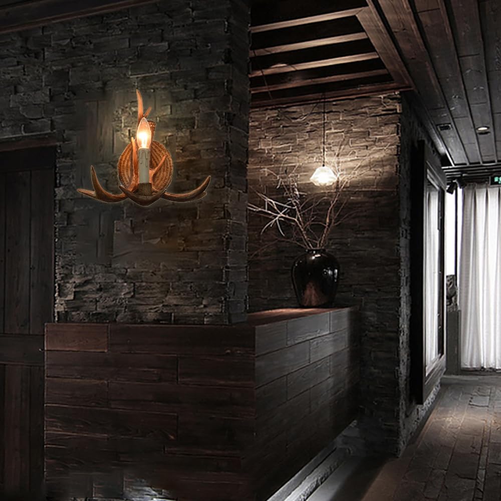 KZT Vintage Industrial Wandleuchte Innen E27 Retro Kerzen Wandlampe Geweih Design Wandlicht Rustikal Kreativ Harz Wandbeleuchtung für Schlafzimmer Wohnzimmer Küche Cafe Bar Flurlampe ohne Glühbirne