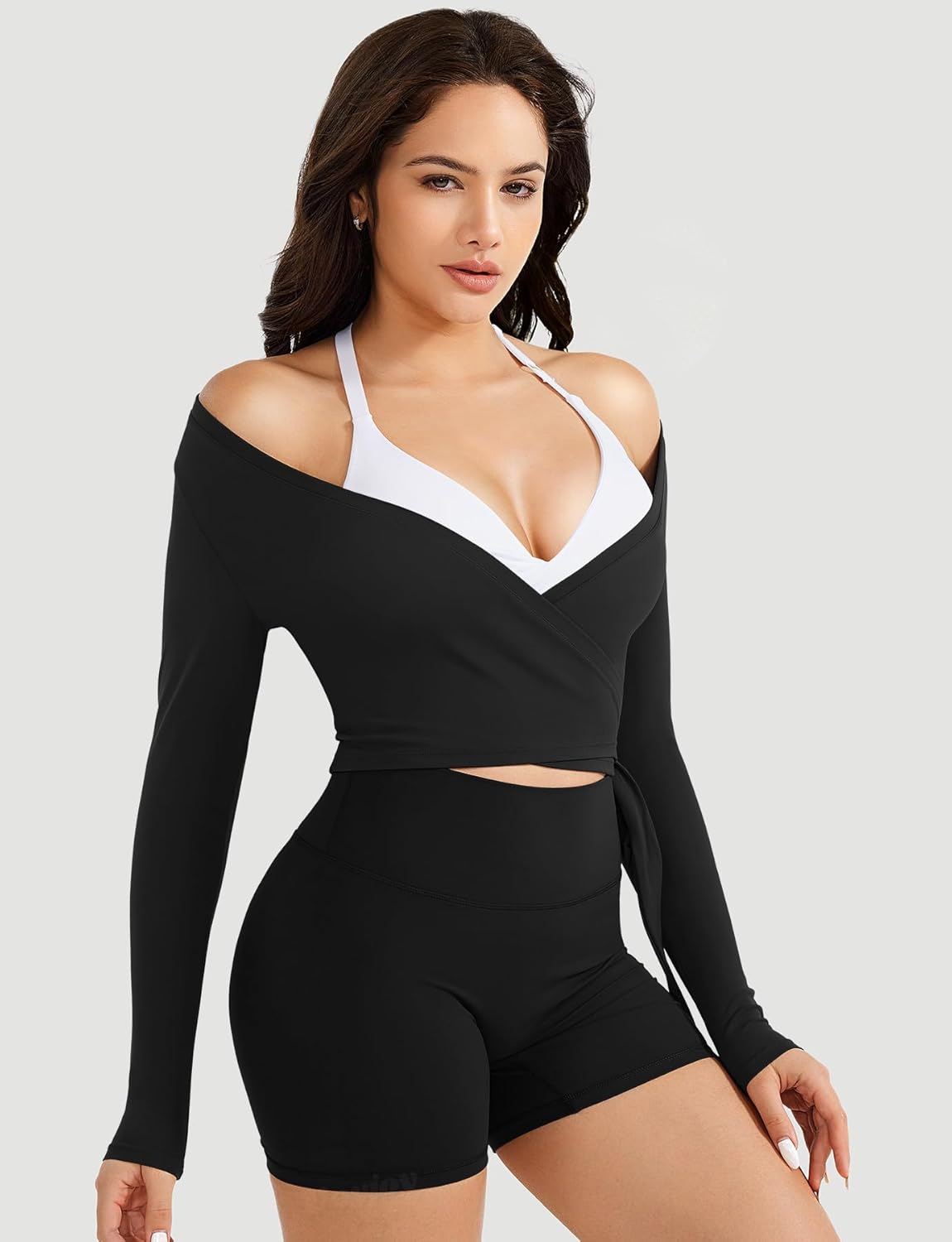 VOYJOY Women Ballet Wrap Top Long Sleeve Shirt Blouses Y2K Workout Gym Active Adjustable Tie Shirt Tops