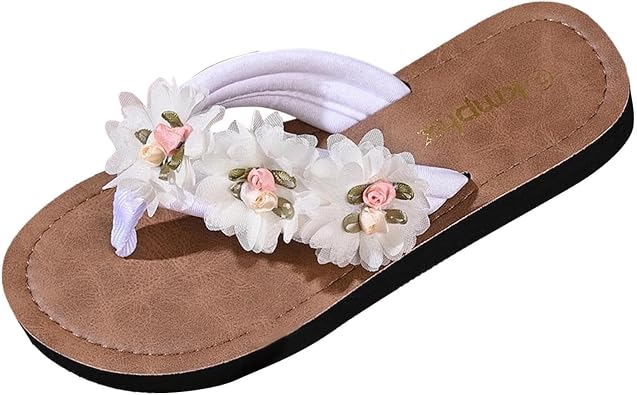 Womens Flower Appliques Flip Flops Open Toe Dressy Beach Thong Sandals Comfy Flat Beach Slippers