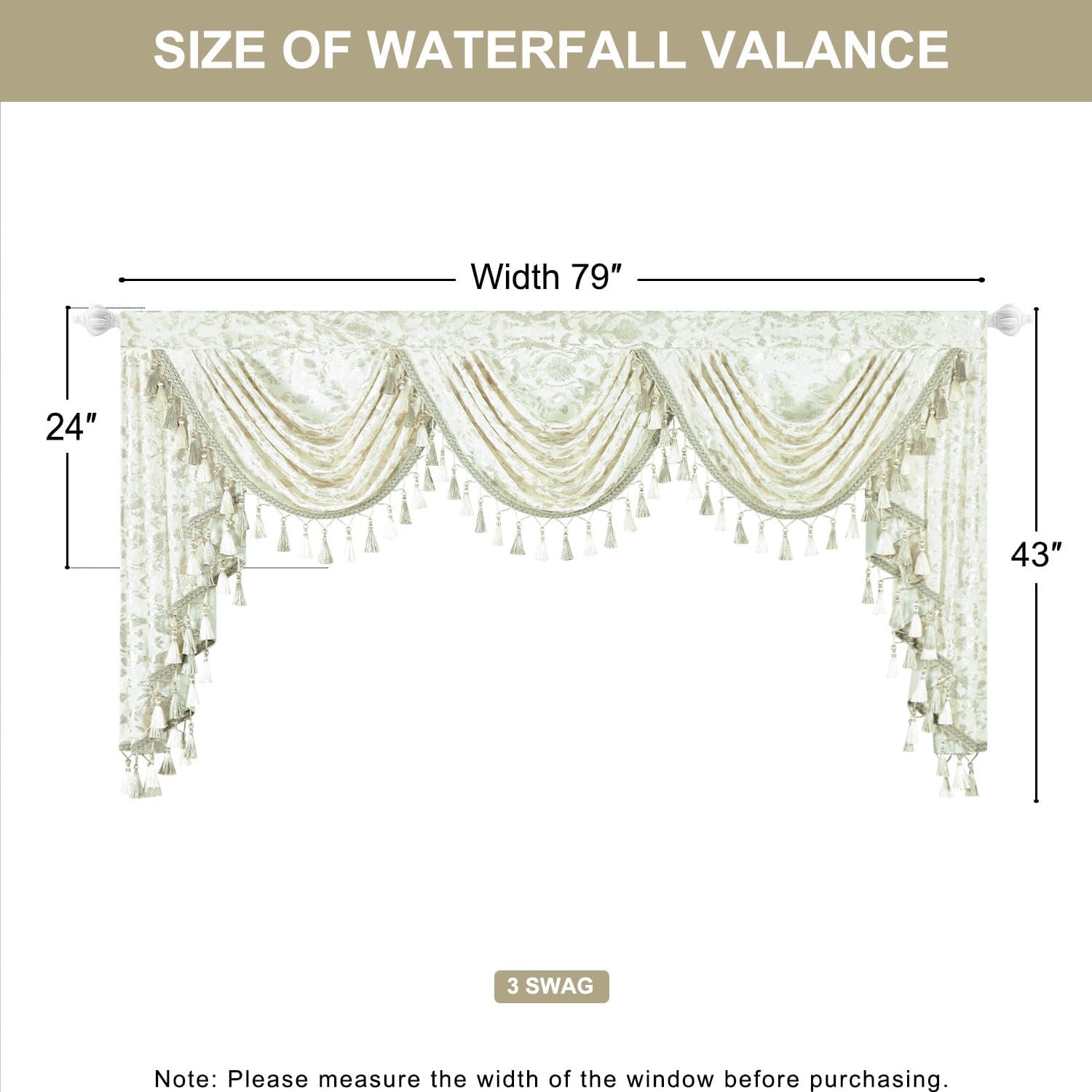 Leeva Floral Print Waterfall Valance, White Smooth Velvet Curtain Valance with 3 Swags, Decorative Beaded Tassels Window Treatment for Bedroom Living Room, 79 Inches Wide, 1 Pack