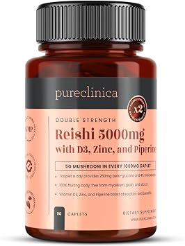 pureclinica Reishi Mushroom Extract 1000mg 51 per Tablet 90 Caplets 3-Month Supply with Vitamin D3 25g, Zinc 15mg & Piperine 5mg Fruiting Body Ganoderma lucidum