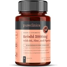 pureclinica Reishi Mushroom Extract 1000mg 51 per Tablet 90 Caplets 3-Month Supply with Vitamin D3 25g, Zinc 15mg & Piperine 5mg Fruiting Body Ganoderma lucidum