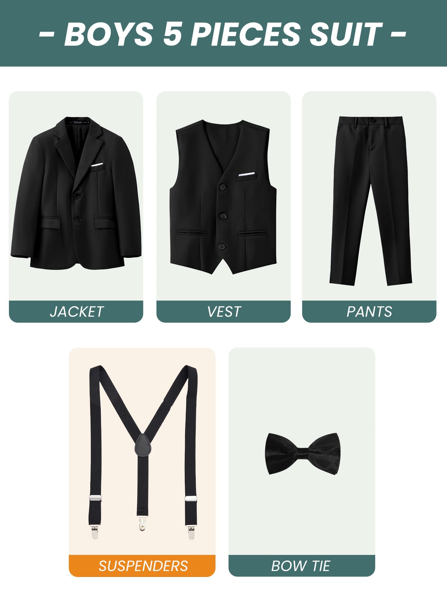 Jungen 5-teiliger Anzug Slim Fit Blazer Weste Hose Hosenträger Fliege Hochzeit