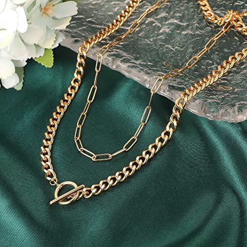 Mjartoria Layered Gold Necklace For Women, 14K Gold Plated Trendy Chunky Chain Necklace, Toggle Clasp Chain Paperclip Chain Adjustable Layering Chain Necklace For Women Girls Gold Jewelry Gifts #TOP3