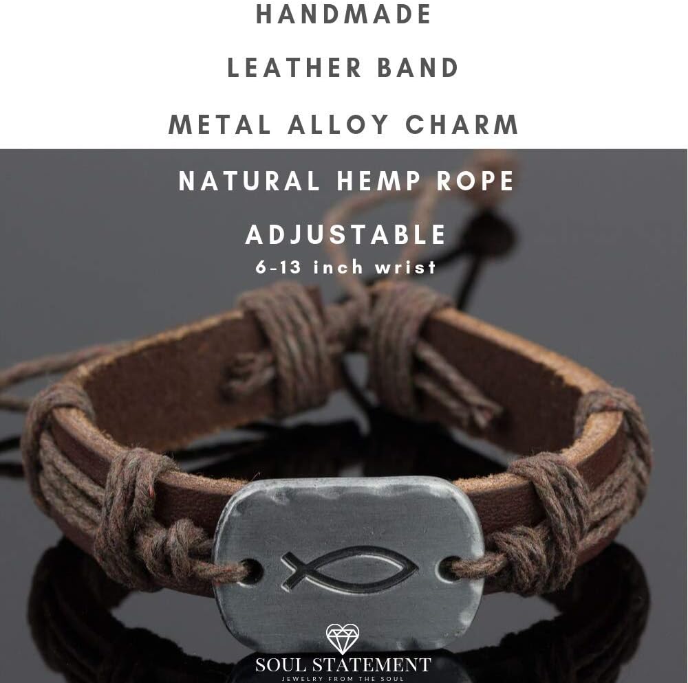 Leather Christian Bracelets for Men and Teenagers, Religious Gifts with a Cross and Sign Of The Fish