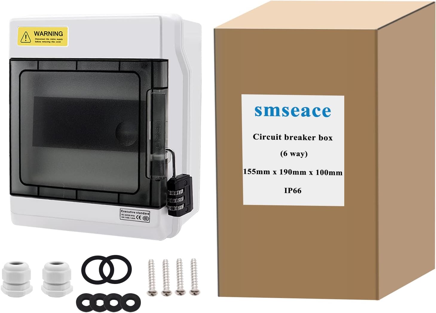 smseace 6 Way Circuit Breaker Box IP66,Distribution Box with DIN Rail and Bus Bars,PC Plastic Clear Cover,for Charging Posts and Indoor Wall Circuit Breaker (6 Way) - 
