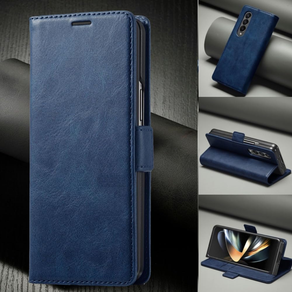 Funda de Cuero para Samsung Galaxy Z Fold 5 4 3 Fold5 Fold4 Fold3 Tarjetas Protectoras con Tapa magnética Funda para teléfono con Billetera, Azul, para Samsung Galaxy Z Fold 4