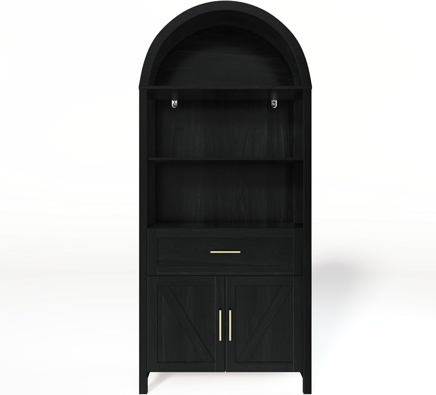 Rophefx 70.8" 5-Tier Arched Bookshelf with Doors and Shelves, Tall Arched Bookcase Cabinet with Drawer, Wooden Kitchen Pantry Storage Cabinet for Living Room Kitchen Office Home, Black