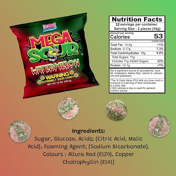 Barnetts - Mega Sour Candy Watermelon 454g - Trendy Sweet Bags - Traditionally Handmade Sweets - Sour Coating Lasts 20 Seconds - Candies for Party Bag, Gift Hamper, or Hamper Box