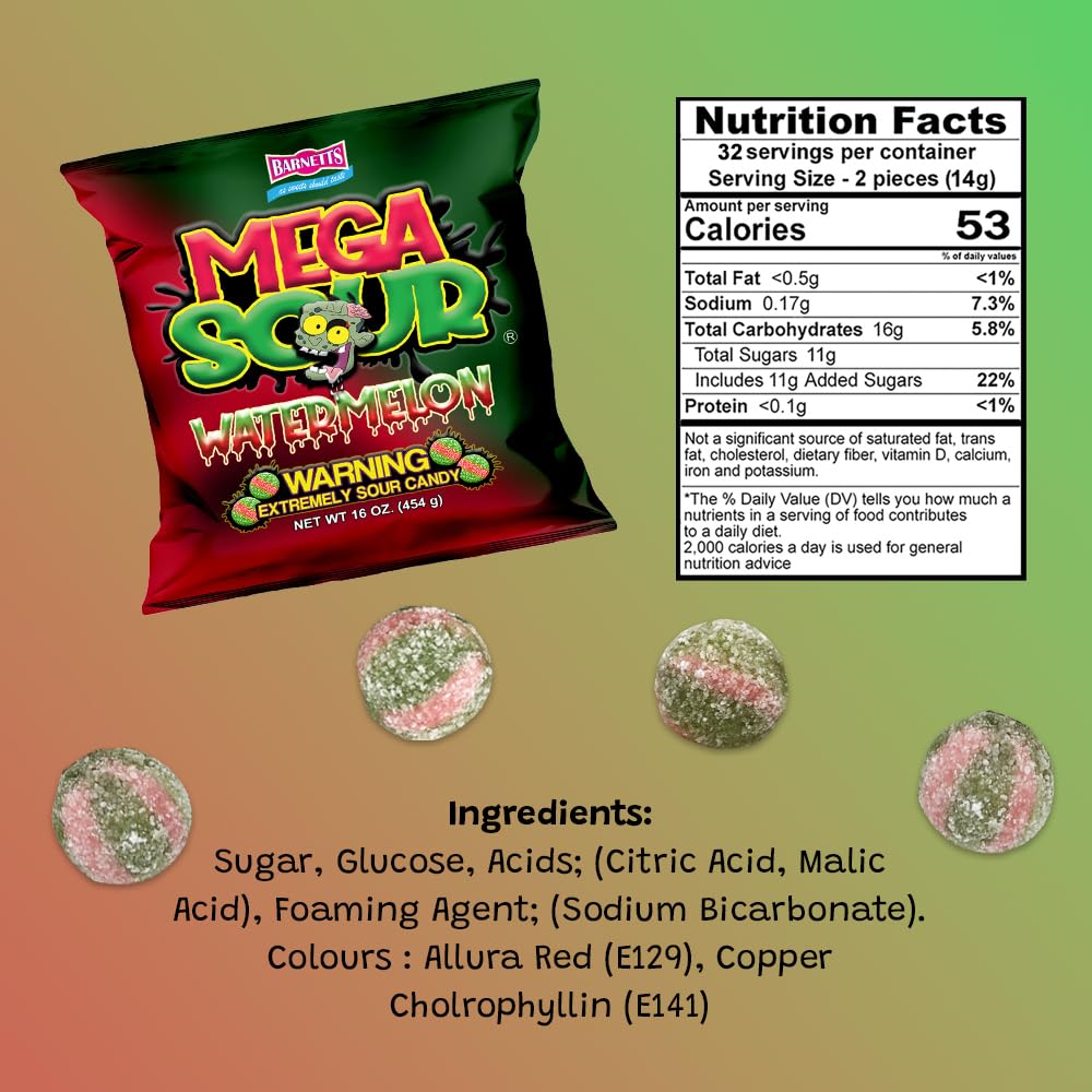 Barnetts Mega Sour Candy Watermelon 454g (Pack of 3) – Handmade British Hard Sweets – Extreme Sour Candy Challenge