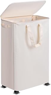 Slim Laundry Hamper with Lid and Wheels, Small Rolling Laundry Basket with Handle for Small Spaces, Tall Dirty Clothes Hampers for Dorm, Bathroom and Bedroom, 75L, Beige
