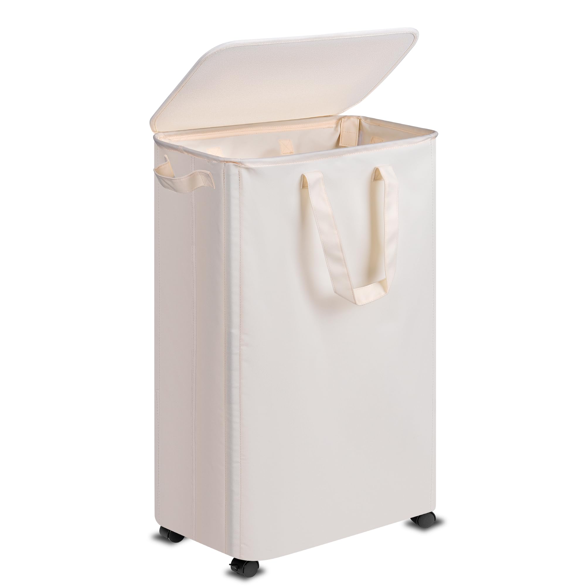 Slim Laundry Hamper with Lid and Wheels, Small Rolling Laundry Basket with Handle for Small Spaces, Tall Dirty Clothes Hampers for Dorm, Bathroom and Bedroom, 75L, Beige