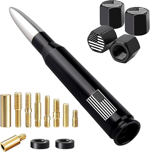 Miniatura 16 de Antena de bala para coche y camión con bandera americana con tapas de válvula, mástil de antena universal para GM Chevy Silverado 1500 2500 3500 HD