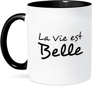 3dRose La Vie Est Belle-Life is Beautiful in French-Black and White Text Two Tone Mug, 11 oz, Multicolor