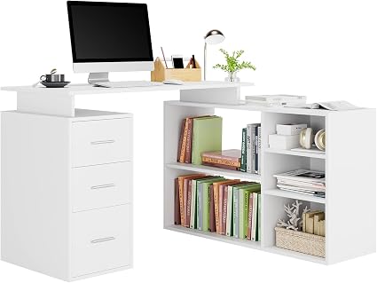 Scrivania Angolare Scrivania con Libreria Scrittoio Scaffali Laterali  Tavolo con 5 Ripiani 3 cassetti Tavolo da Lavoro con Scaffale Scrivania per  Computer a Forma L Tavolo PC 136.5×104×75cm : Amazon.it: Casa e cucina