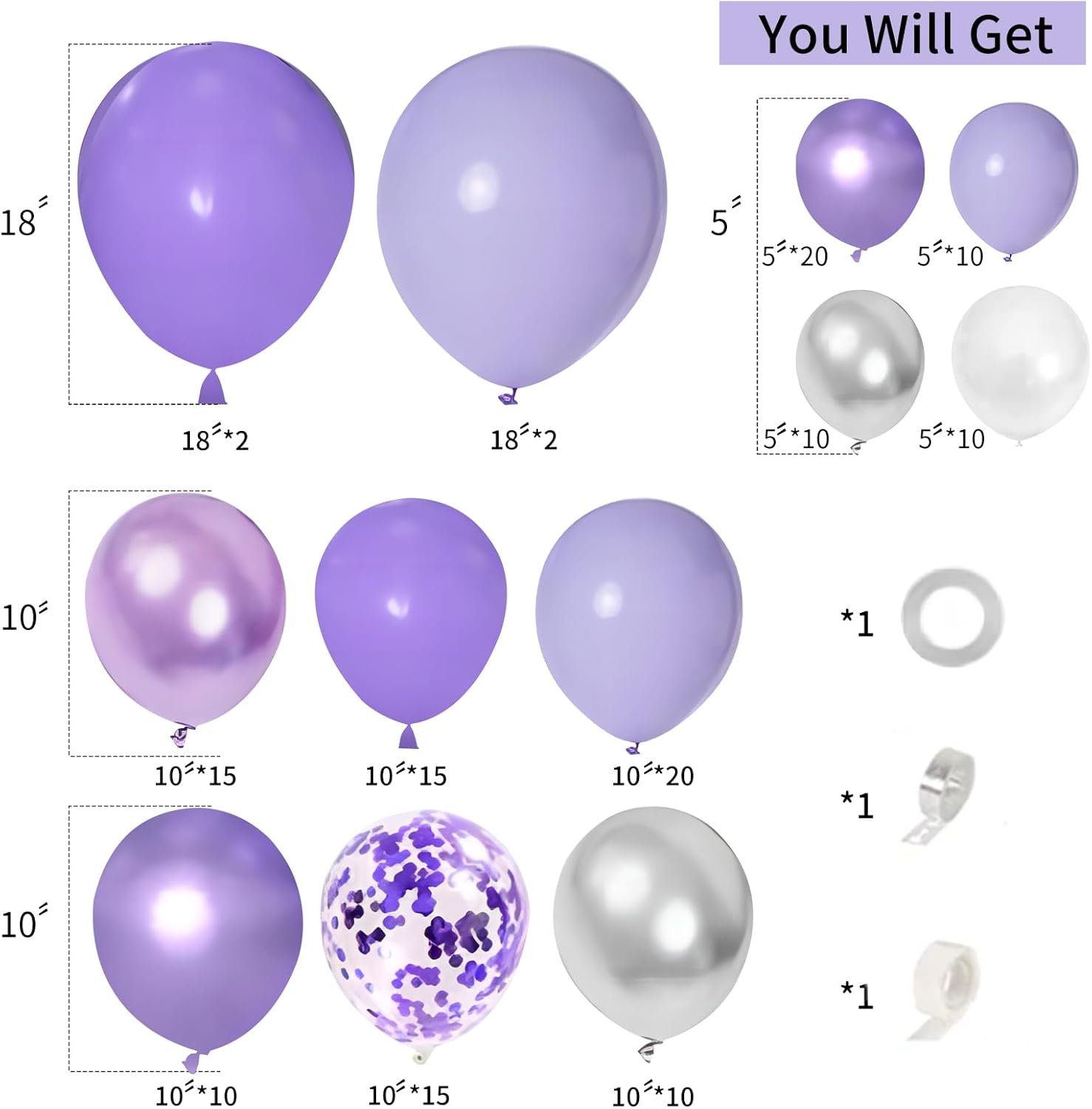 Purple Balloon Arch Kit 139pcs Lavender Balloon Arch Kit with Metallic Confetti Balloons Purple and Silver Balloons for Baby Shower Birthday Wedding Anniversary Party Decorations