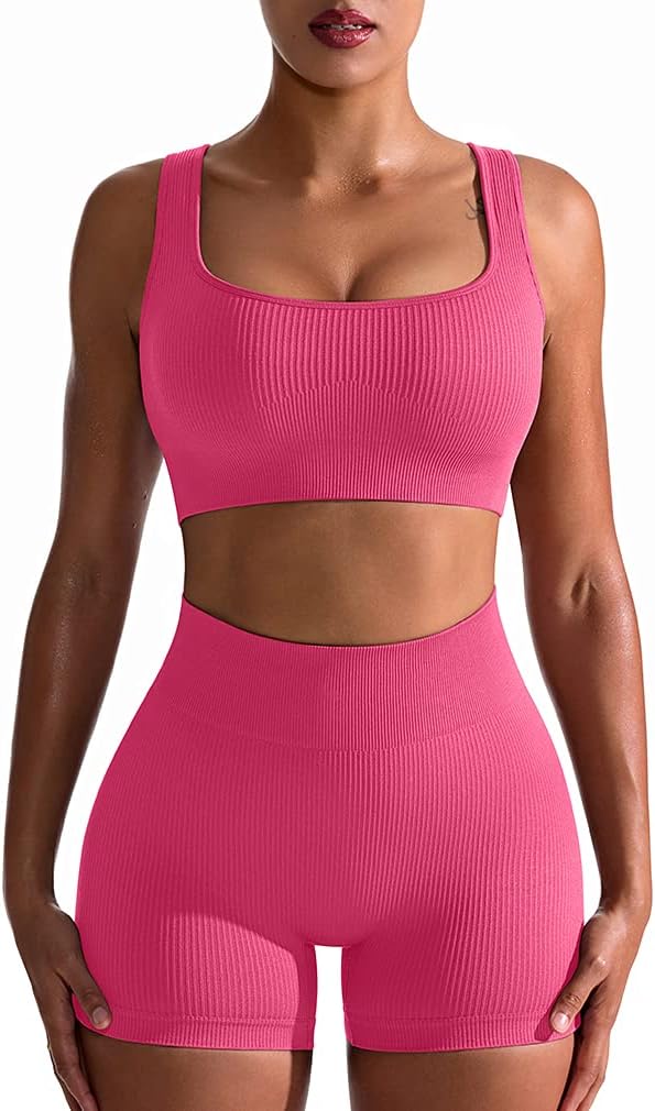 OQQ Women’s Coral Seamless Ribbed High Waist Legging and Bra Workout Set, Size Medium