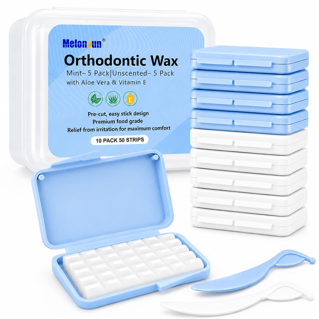 Braces Wax, 10 Pack 50 Wax Strips 350+ Dots, Precut Dental Wax for Braces & Aligners, Food Grade Brace Wax with Separate Cases and Storage Box- Easy to Use and Stick Better (Unscented & Mint)-image-22