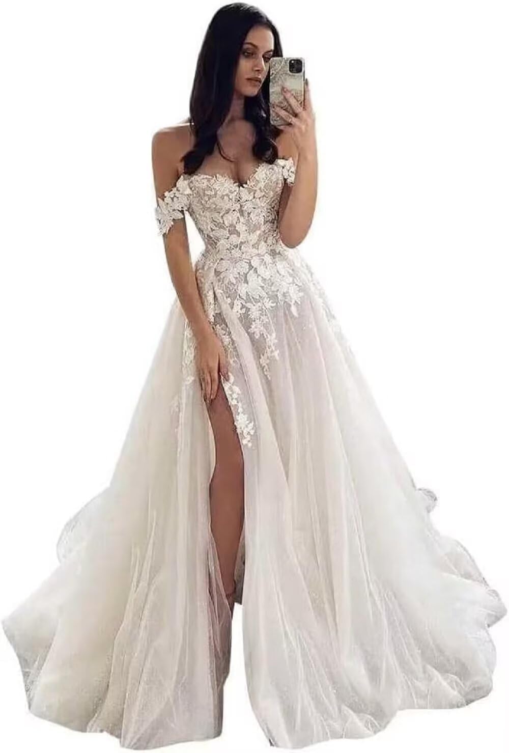 VOfuter Boho White Lace Appliques Wedding Dress for Women Summer Beach Off The Shoulder Chffon Bridal Dress