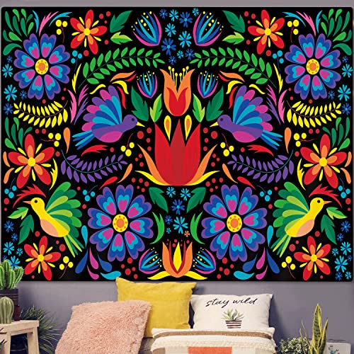 Goaok Mexican Tapestry, Cute Bright Colorful Ethnic Floral Birds Butterfly Pattern Boho Tapestry, Mexican Embroidery Style Trippy Hippie Aesthetic Tapestry For Bedroom Living Room Dorm 60"X40", Black #TOP2