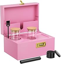 WildFun Large Bamboo Storage Box with Combination Lock, Decorative Box Set with Removable Tray and Glass Storage Jars, Wooden Storage Box with Brush Grinder and All Accessories, Pink