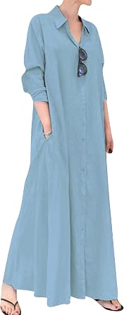 Womens Summer Lapel Button Shirt Dress Casual Cotton Linen Solid Colour Long Dress Loose Front Open Maxi Dress