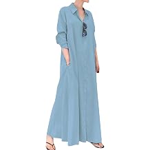 Women's Summer Lapel Button Shirt Dress Casual Cotton Linen Solid Colour Long Dress Loose Front Open Maxi Dress