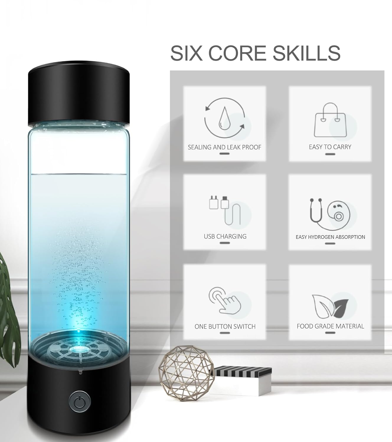 Hydrogen Water Bottle, Portable Hydrogen Water Bottle Generator with Inhaler Adapter, Rechargeable Hydrogen Rich Water hydrogenator Glass Health Cup for Home Office, 420ML(Black)