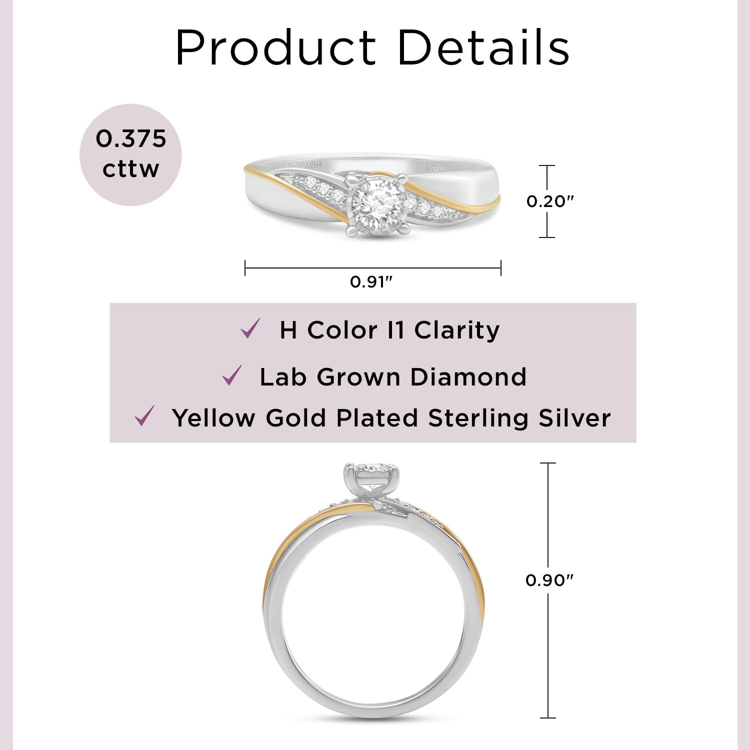Jewelili Lab Grown Diamond Solitaire Engagement Ring for Women | Yellow Gold Plated Sterling Silver Band | Round H Color I1 Clarity 3/8 CTTW | Luxury Wedding & Bridal Jewelry for Her | Size 6, 7 & 8 | Jewelry Gift Box Included