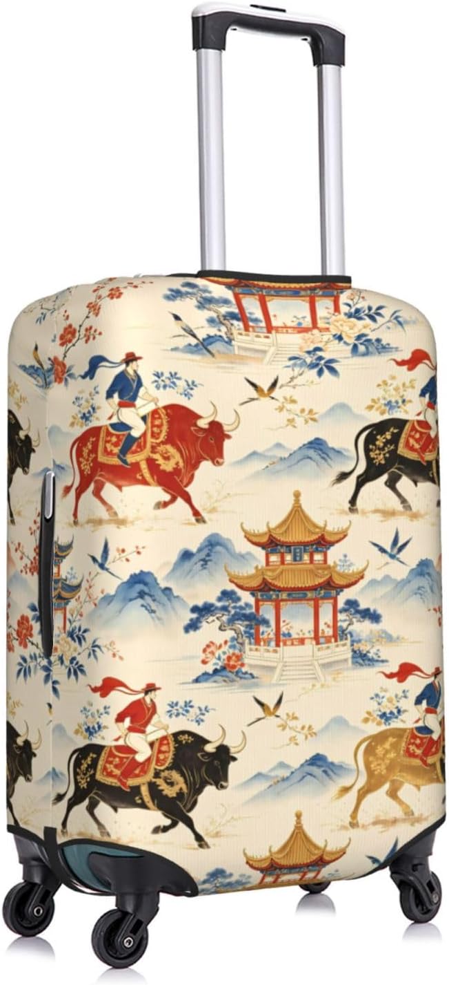 Pagoda Bullprint Premium Suitcase Cover | Durable Polyester Elastic Luggage Cover With Zipper & Buckle, Travel Suitcase Protector For Medium Large Bags