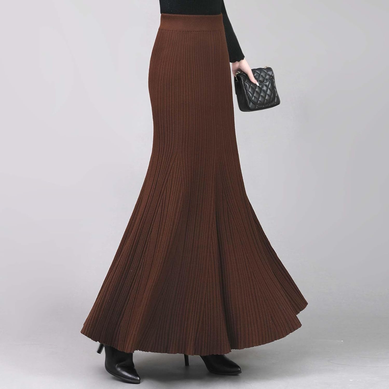 Women's Pleated Knit Sweater Maxi Skirts High Waist Elastic Mermaid Long Skirts for Women Fall Winter