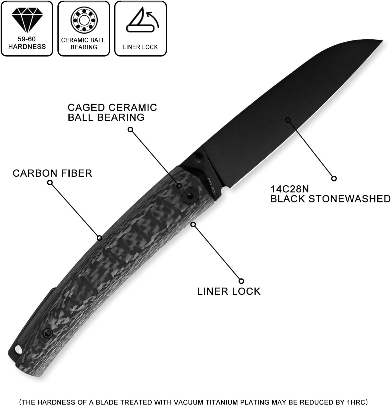 Petrified fish PF719 Folding Knife,3.38" 14C28N Steel Black Stonewashed Blade, Carbon Fiber Handle Thumb Stud Liner lock Pocket knife (Carbon Fiber Black Stonewashed)