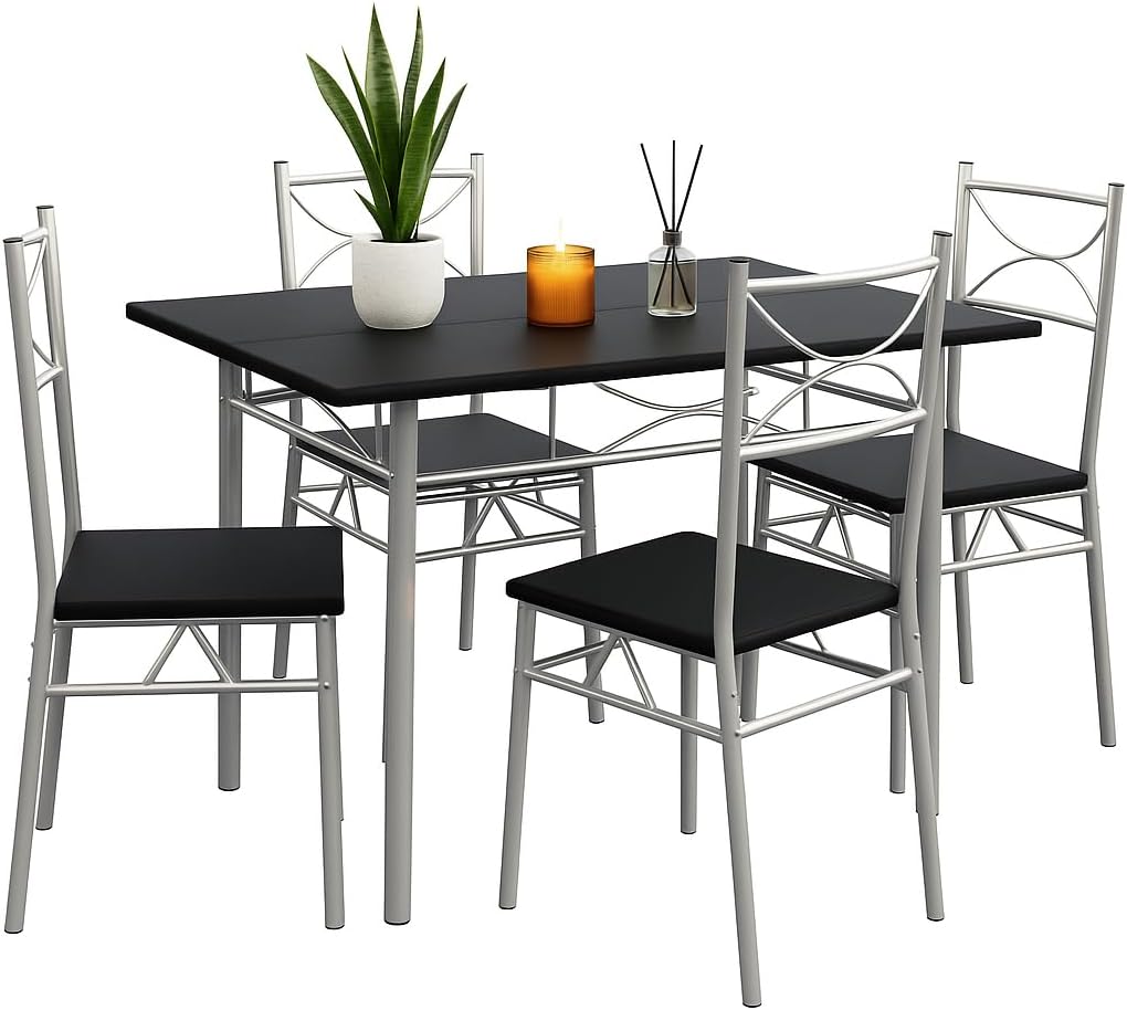 CASARIA® 5 Piece Dining Table and Chairs Set 4 | Dining Table & Dining Chairs Set of 4 | Home and Kitchen | Modern Table and Chairs | Dining Chairs Dining Table Dining Kitchen Set | Black & Silver