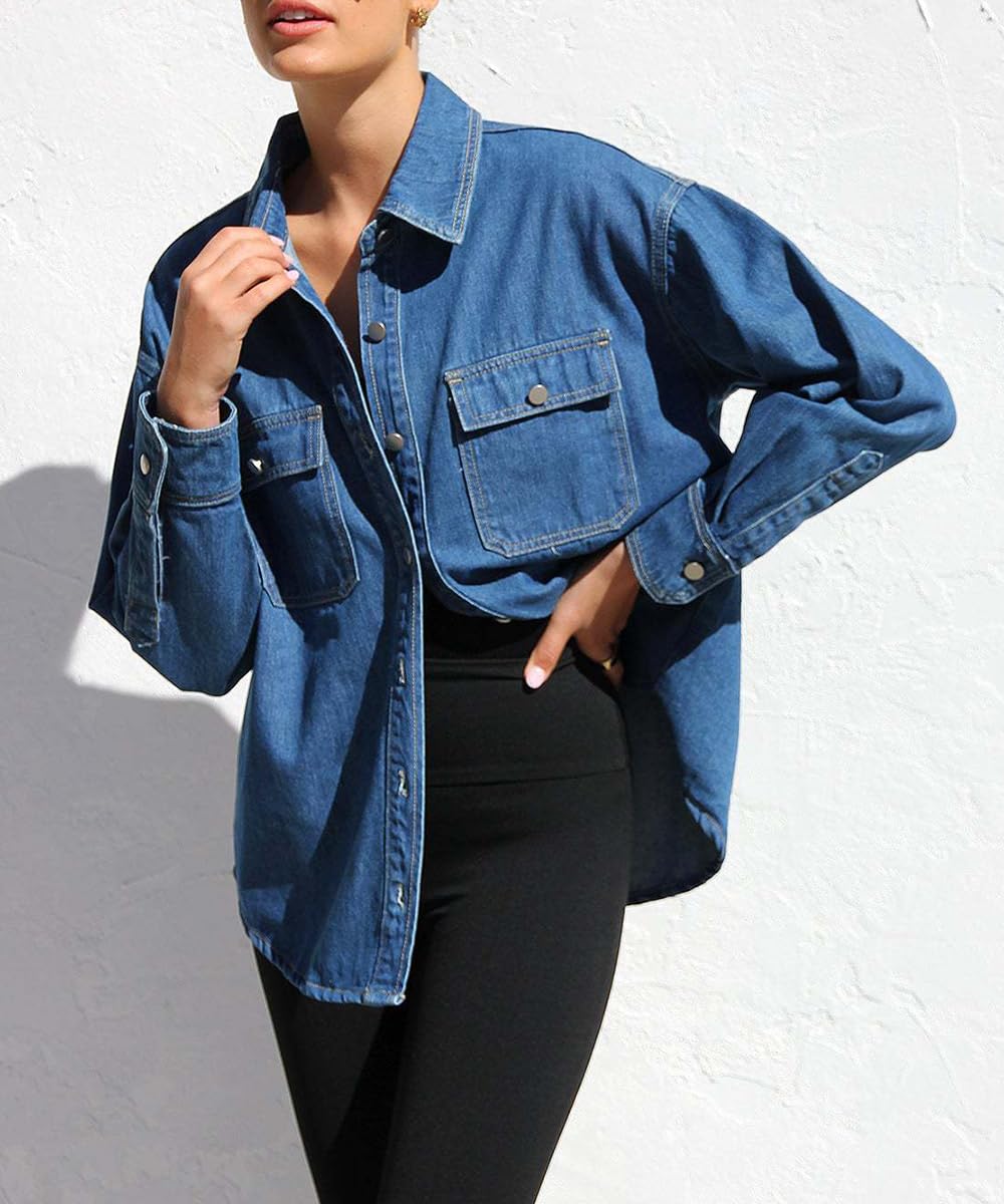 Las Mujeres botón Abajo Camisas de Mezclilla Azul Chambray Camisa Casual Cuello Blusa Manga Larga V Cuello Tops con Bolsillos