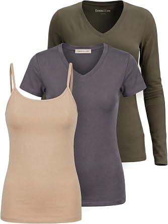 Emmalise Womens 3-Pc Essentials Pack Cami, Short & Long Sleeve Tees