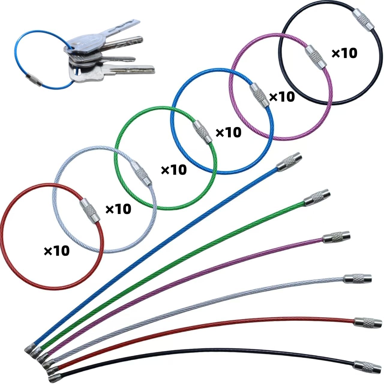Stainless Steel Cable Keychain, 6 inch, 2mm Wire Key Ring, 60 Pack Large Cable Key Ring for Metal Luggage Tag Loops, Key Tags, Keyrings, Kitchen Utensils (60Pack Assorted Color) image 2
