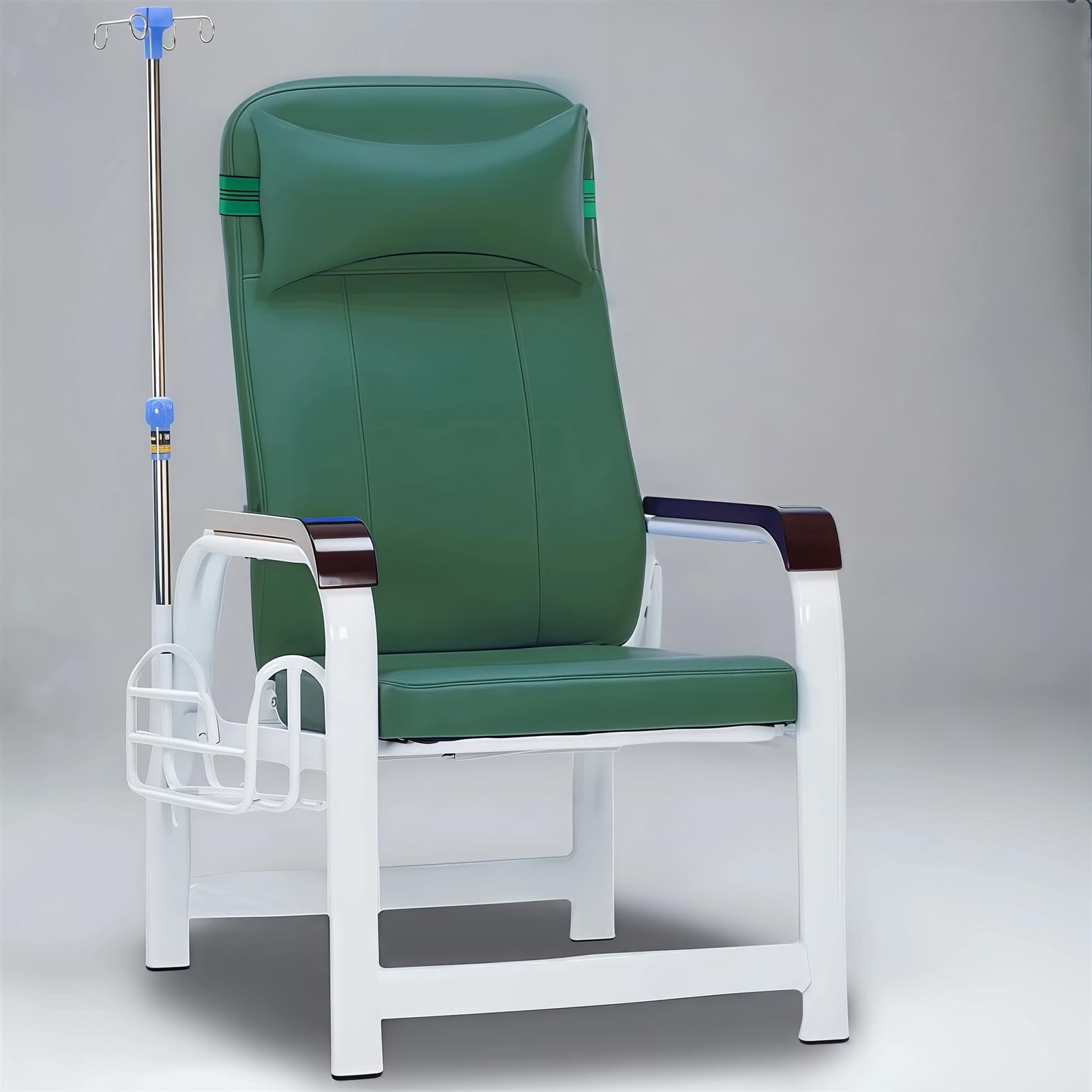 Fauteuil inclinable médical avec accoudoirs, perche intraveineuse et rangement latéral pour phlébotomie et prélèvement sanguin, fonctionnalité d'inclinaison complète