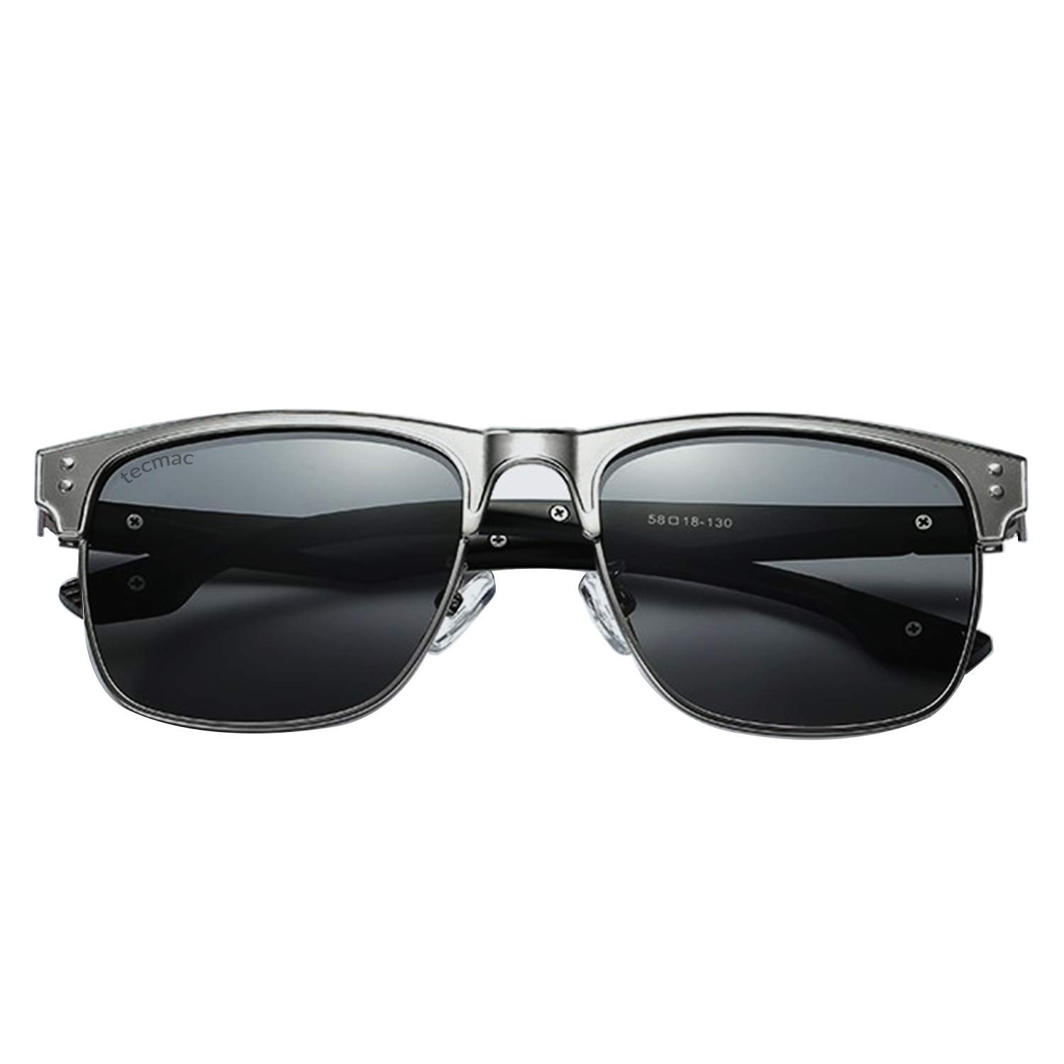 tecmac 58 Classic Square Polarized Black Lenses Semi-Rimless Sunglasses | Silver Frame | Unisex