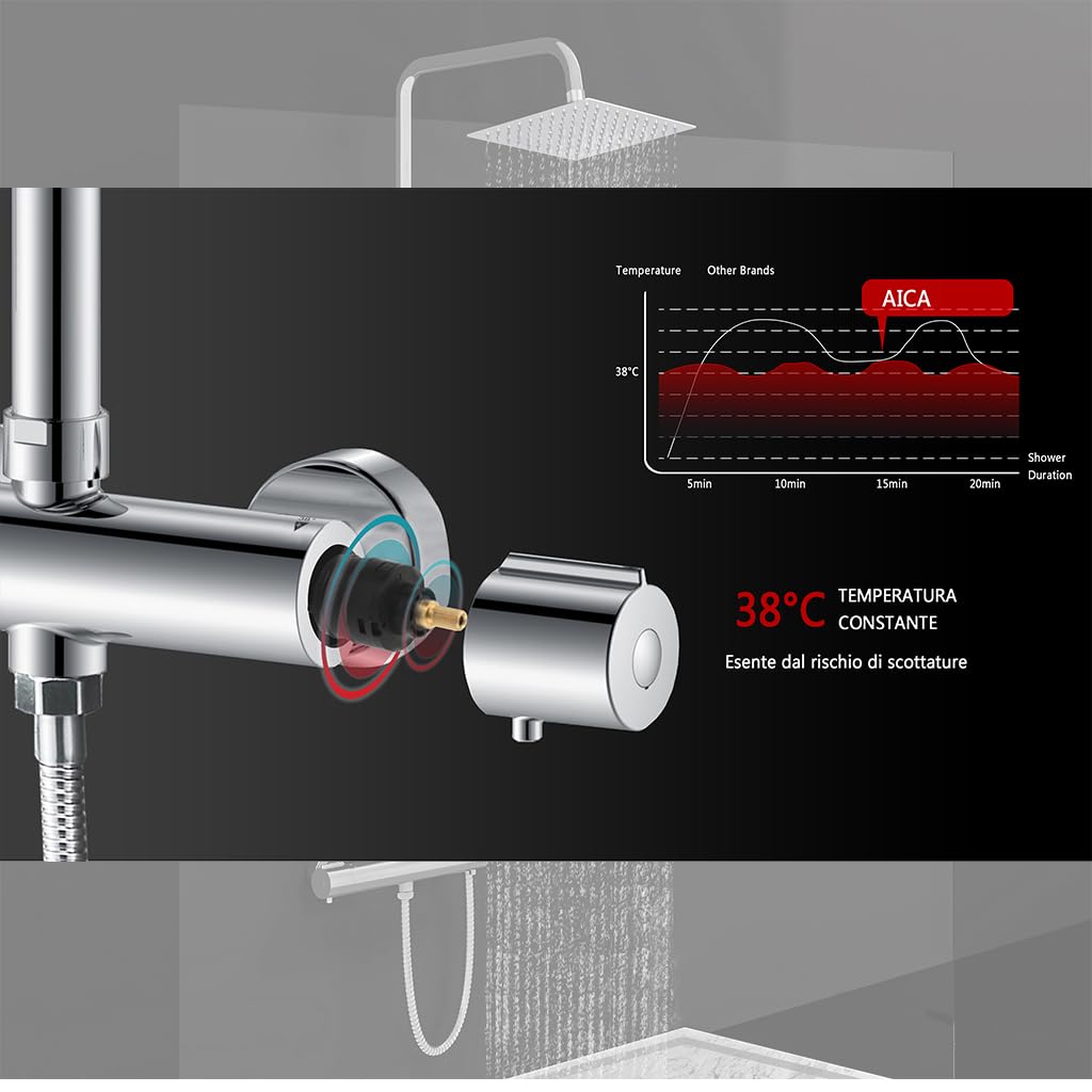 AICA ITALY Colonna Doccia con Miscelatore Termostatico, Doccia Soffione Rotante 360° in Acciaio Inox, Kit Asta Doccia Regolabile 80-116cm