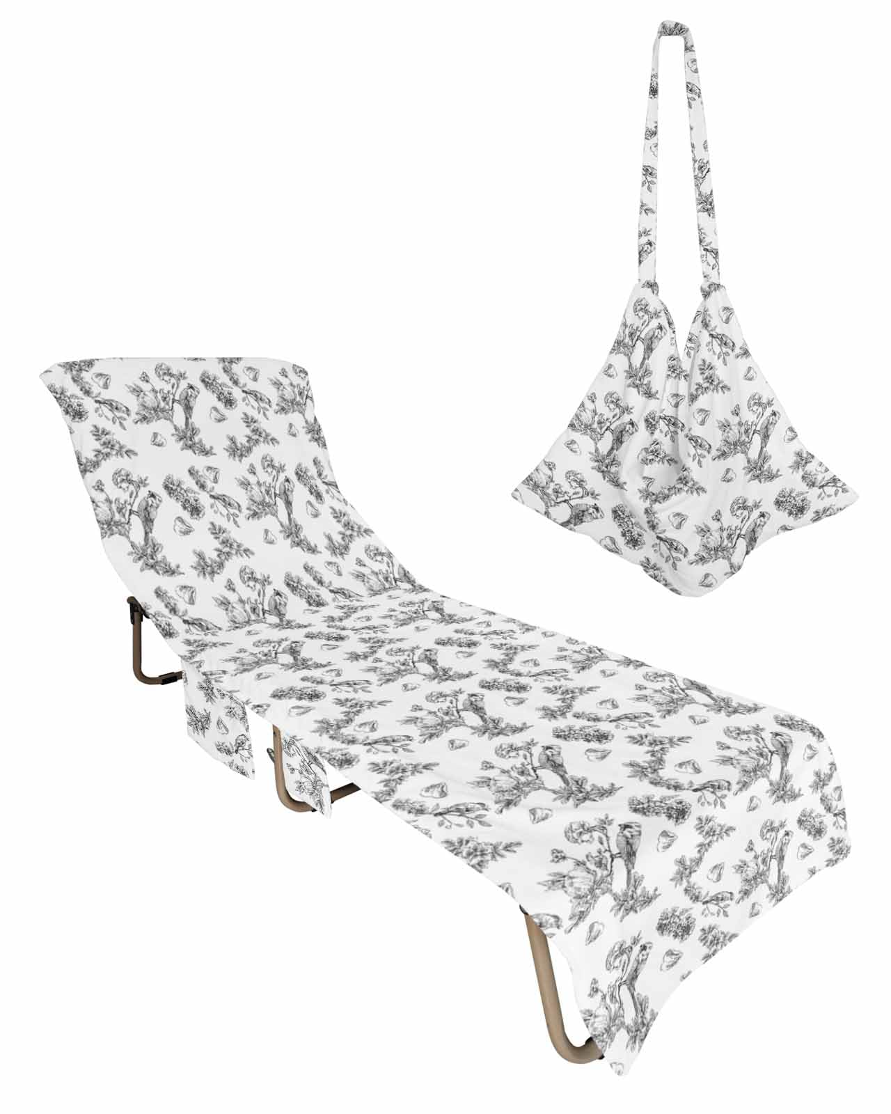 Rustic Flower Beach Chair Towel Covers for Chaise Lounge with Side Pocket, Soft Plush Pool Towels Cover for Patio Sunbathing Outdoor 29''x85'' Floral Bird Black White Leaf Vintage Herb