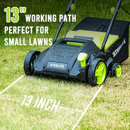 Steelite Dethatcher and Scarifier Electric 13AMP, 13 Inch Lawn Dethatcher with Removable 8-Gallon Collection Bag, 4-Position Height Adjustment, Ideal for Lawn Care, Green