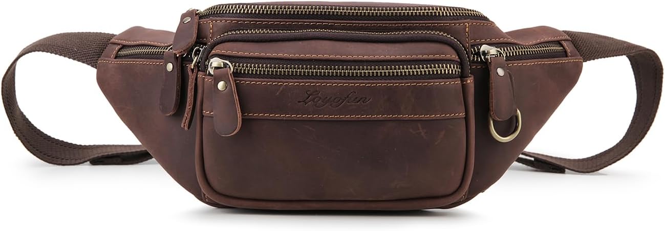 Fanny Pack Genuine Leather Waist Bag for Men Women Loyofun Vintage Hip Bum Bag with 6 Zippered Pockets for Outdoor Traveling Hiking Running (Dark Brown) - Image 2