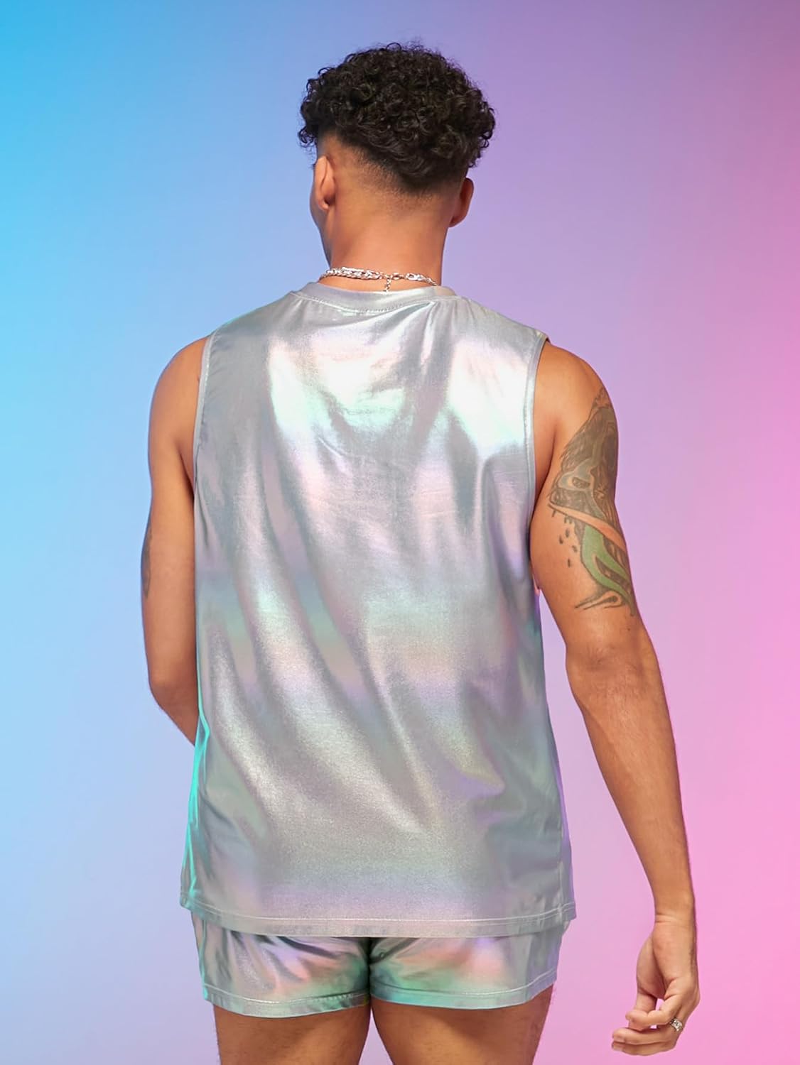WDIRARA Men's 2 Piece Outfit Metallic Round Neck Sleeveless Tank Top and Drawstring Pocket Shorts