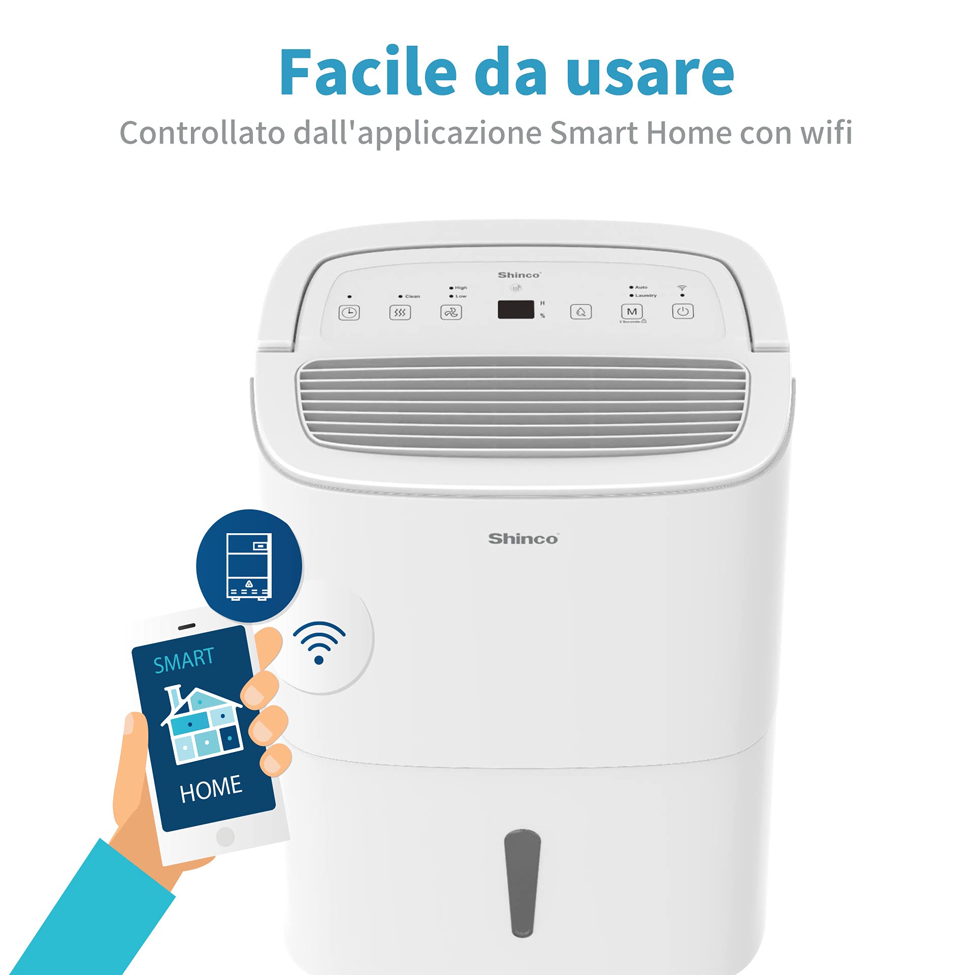 Shinco WIFI Deumidificatore Portatile 30L/Giorno, Purificatore d'aria, Filtro a Carbone Attivo, Timer 24 Ore, Scarico Continuo, Funzione Asciugatrice, Bianco